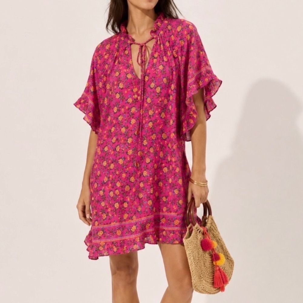 Farm Rio Fruit Dots Coverup Mini Dress Pink Beach Resort Ruffle Tunic - XSmall